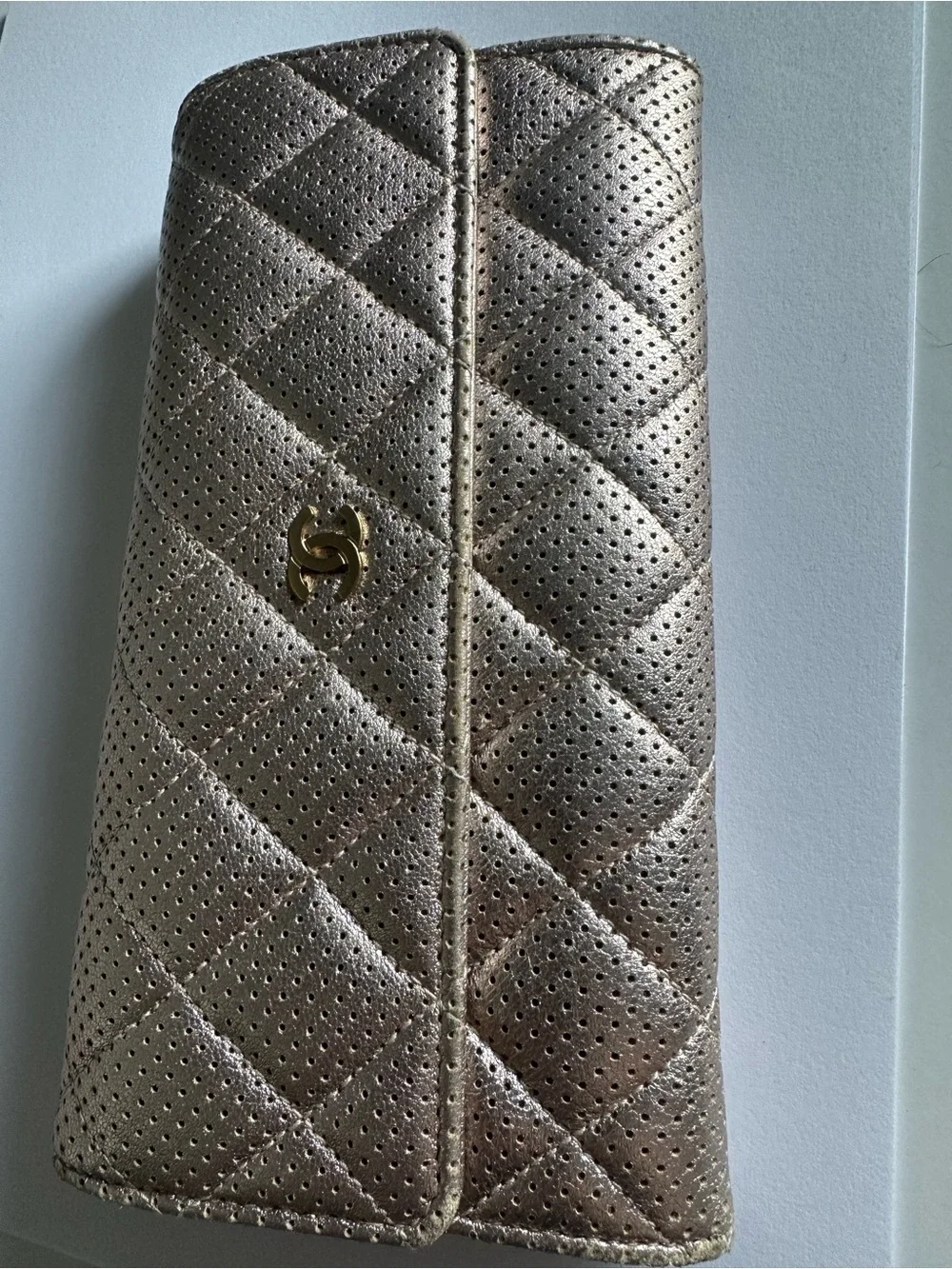 CHANEL Metallic Champagne Perforated Quilted Long Wallet + Unbranded WOC Kit